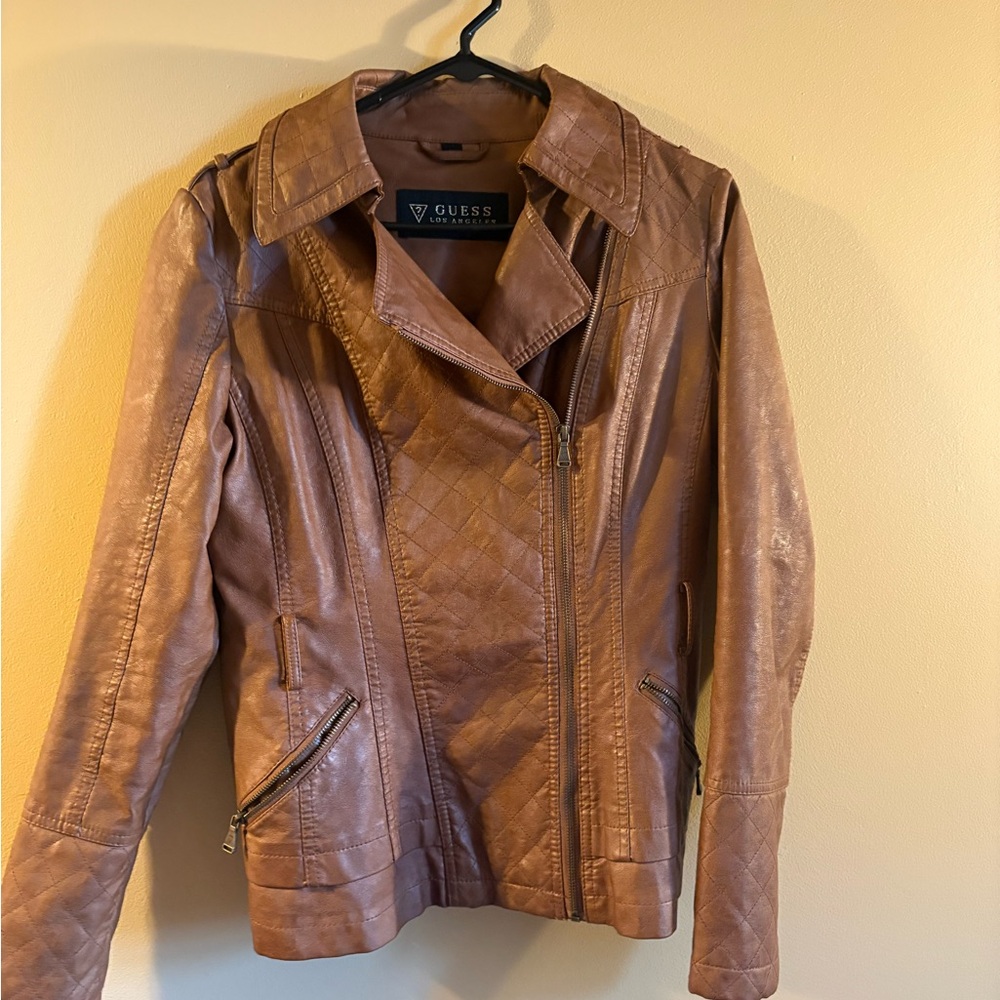 Guess Tan Leather Moto Jacket Asymmetrical Design